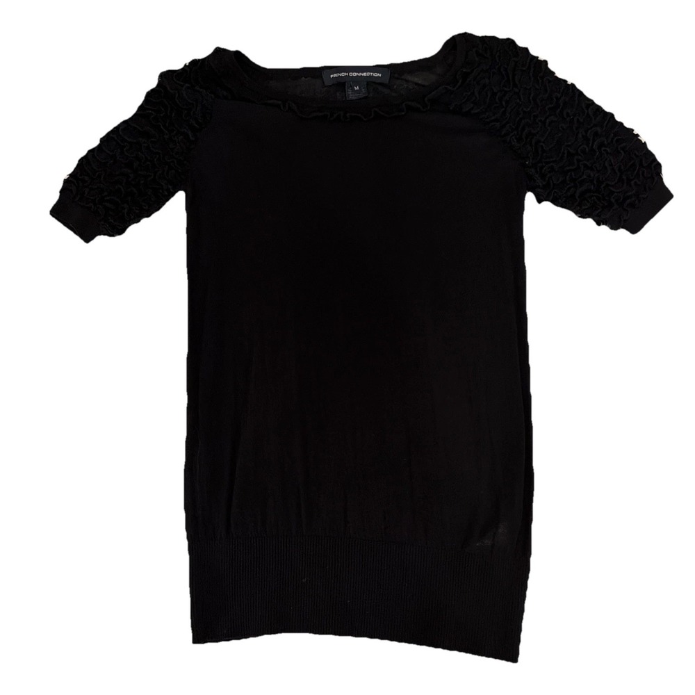 French Connection Shirt Womens Medium Black Ruffled Shoulders Basic Sheer Top
